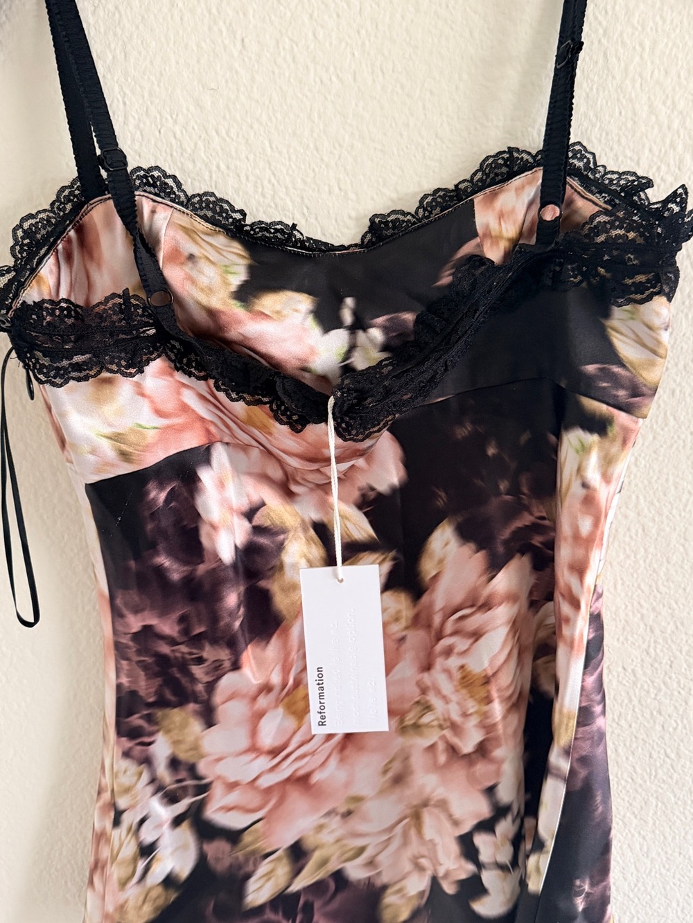 Reformation Black & Blush Floral Satin Lace-Trim Chemise